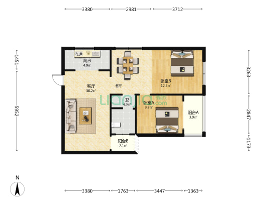 财富广场 2室1厅1卫 87平方