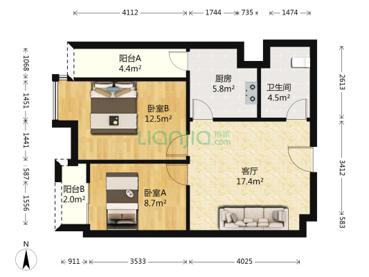 万科主场 2室1厅1卫 75平方