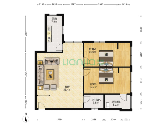 鹦鹉大道271号 2室1厅2卫 103平方