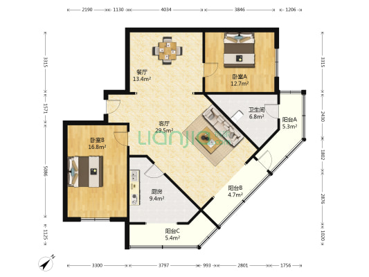 天宾公寓 2室2厅1卫 127平方