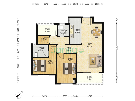 万悦城 2室1厅2卫 107平方