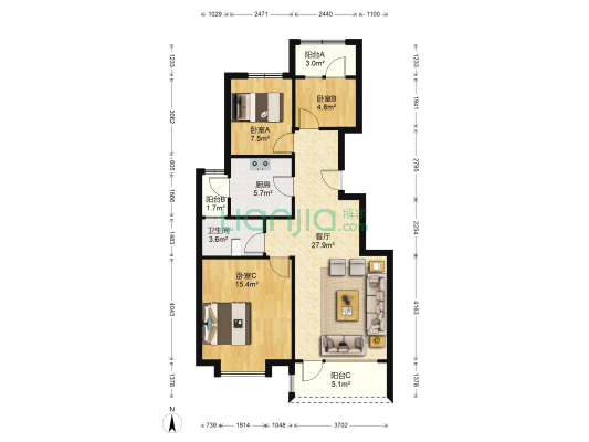 华融现代城 3室1厅1卫 97平方
