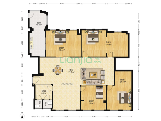 轩宇广场 4室1厅2卫 235平方