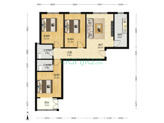 景福悦庭 3室1厅2卫 107平方