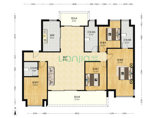 保利天珺 4室1厅3卫 165平方