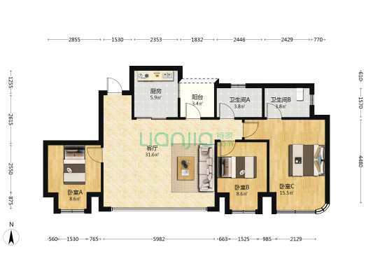 中海映溪臺 3室1厅2卫 99平方