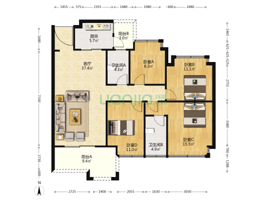 瀚清华府 4室1厅2卫 105平方