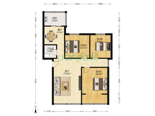 杨河三村27-30号院 3室2厅1卫 87平方
