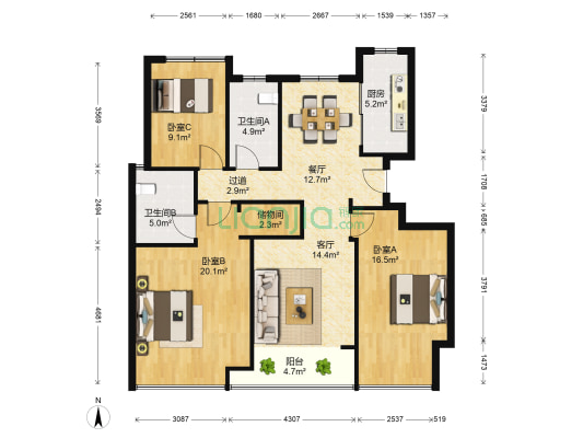 大通绿园 3室2厅2卫 117平方