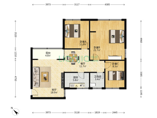 玉龙花园 3室2厅1卫 98平方
