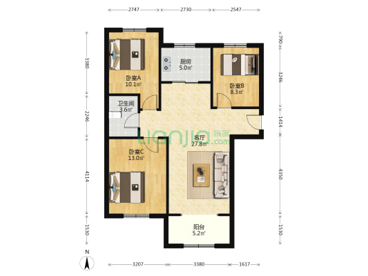 牛当花园 南北 通透大三居 带装修 有房本-户型图