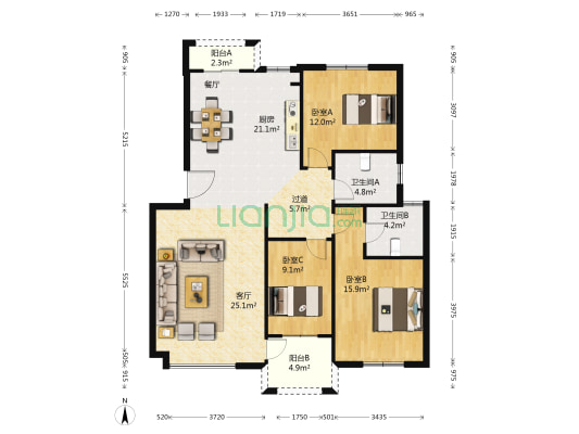 中天帝景传说B区 3室1厅2卫 127平方
