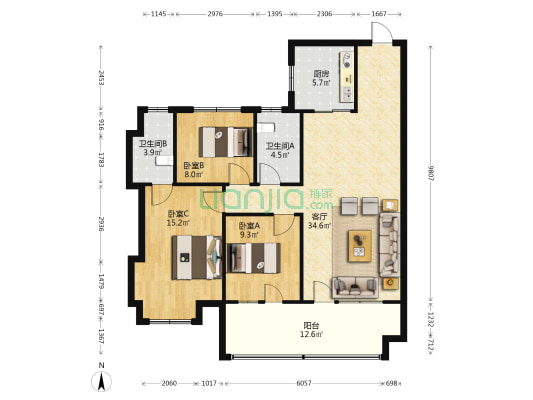 碧桂园玖州府 3室1厅2卫 124平方