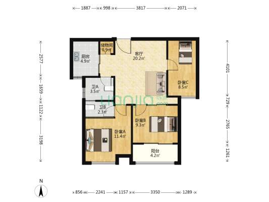 安华家园 3室1厅2卫 85平方