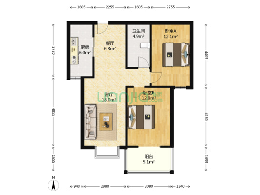 水岸花城全南两居室 精装修 看房方便-户型图