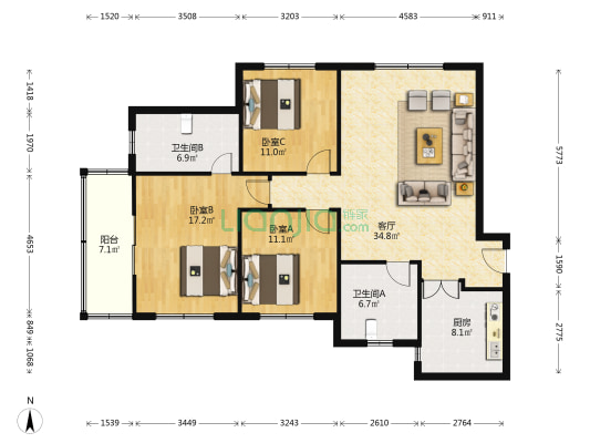 新黄路50号 3室1厅2卫 140平方