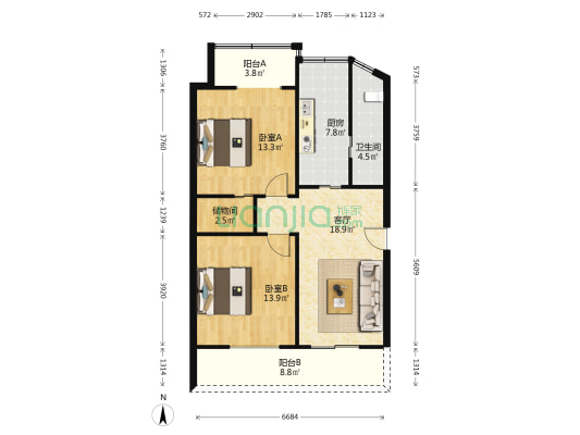 金汤街 2室1厅1卫 80平方