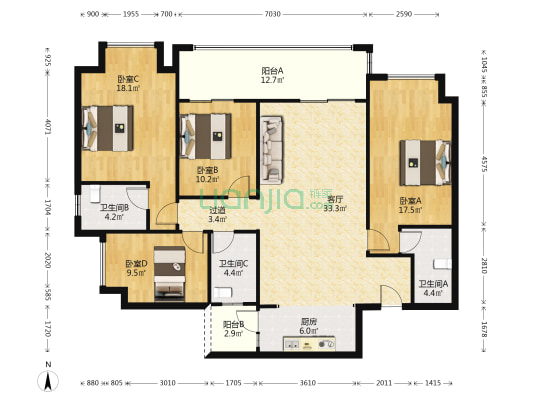鲁能星城外滩天景 4室1厅3卫 160平方