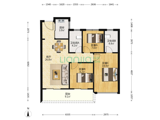 潮启四季二组团  3室1厅2卫 102平方