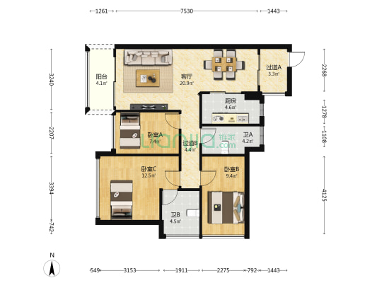 五洲富山园 3室1厅2卫 85平方