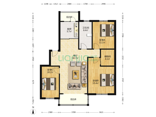 豪门世家 3室1厅1卫 111平方