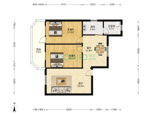 市政小区 2室2厅1卫 90平方