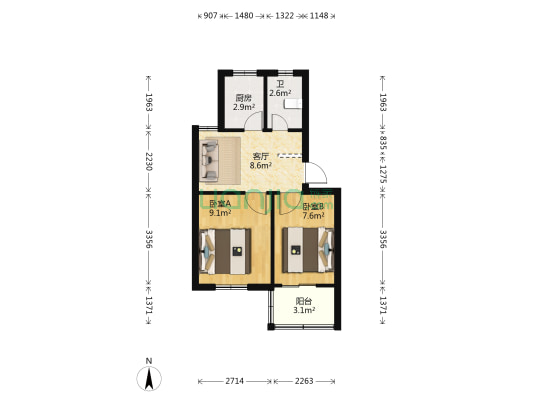 健康新村东区 2室1厅1卫 45平方