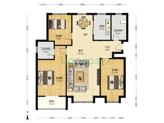 泾欣园二区 3室1厅2卫 127平方
