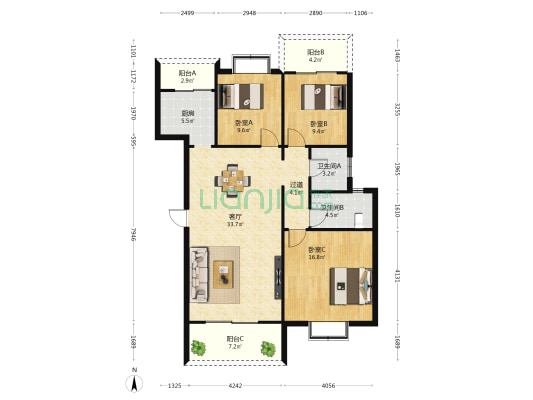 绿海佳苑 3室1厅2卫 122平方