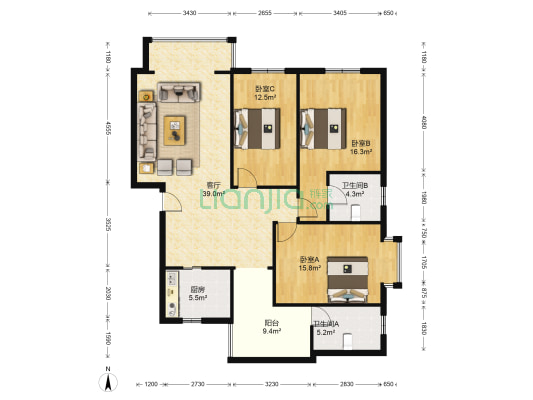 怡景雅苑(蒲阳路) 3室1厅2卫 120平方