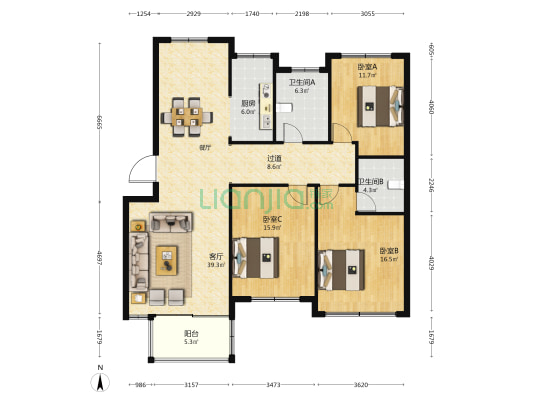 上城幸福嘉园 3室1厅2卫 133平方