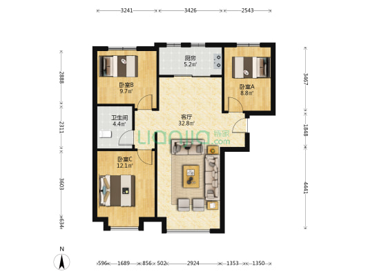 鸿坤理想湾 精装通透三居 拎包入住-户型图