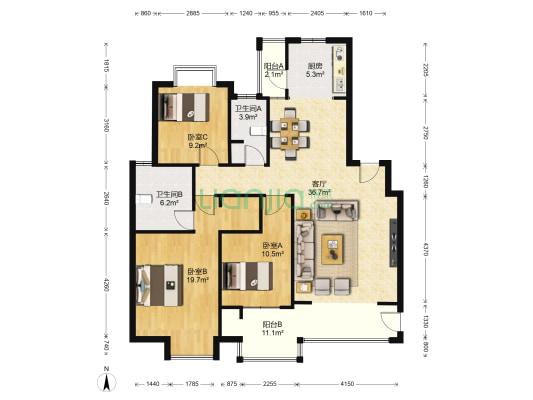 清华苑小区 3室1厅2卫 140平方