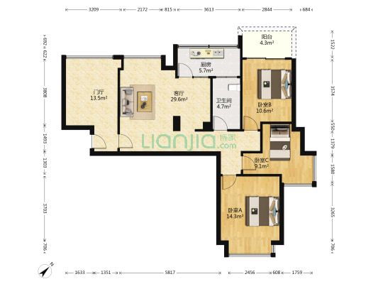 十二橡树庄园一期 3室1厅1卫 88平方