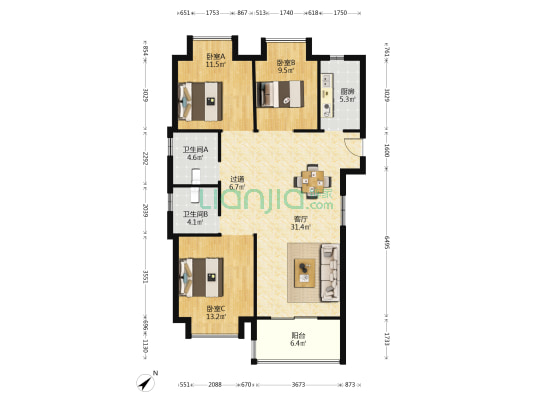远洋东方境世界观2号地 3室1厅2卫 129平方