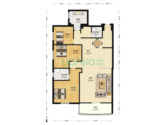 元洪锦江一期 3室2厅2卫 150平方