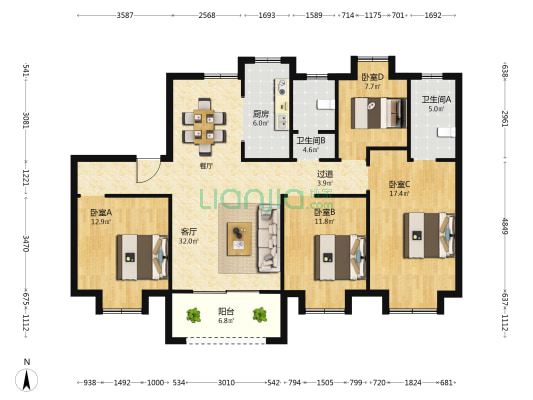 圣雅如院 4室1厅2卫 144平方