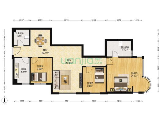 华谊苑 3室2厅2卫 116平方