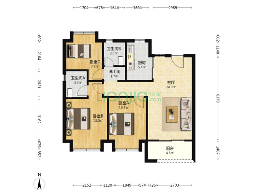 金地峯范 3室1厅3卫 98平方