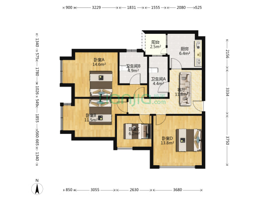 蜀都中心二期 4室1厅2卫 105平方