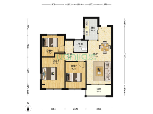 金陵星图 3室1厅1卫 89平方
