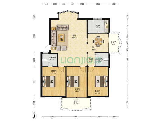 西关华能小区 3室2厅2卫 124平方