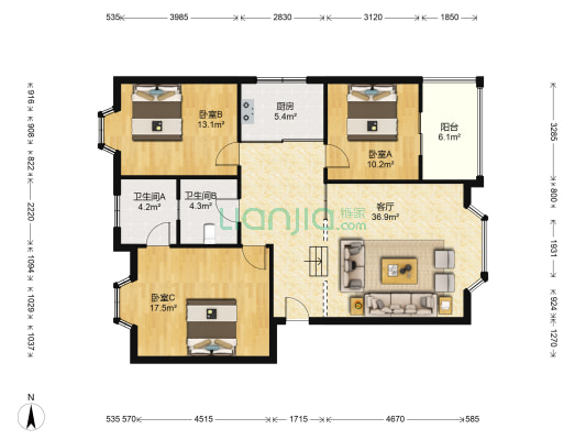 桂苑小区 3室1厅2卫 109平方