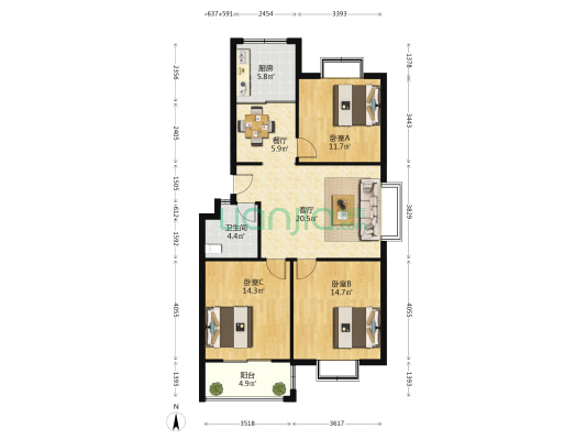新城花园(北区) 3室2厅1卫 101平方