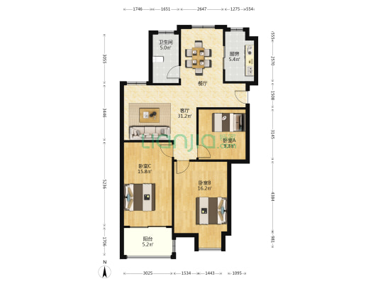新东方嘉园 3室1厅1卫 116平方