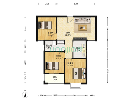 悦府尚书房1期 3室1厅1卫 89平方