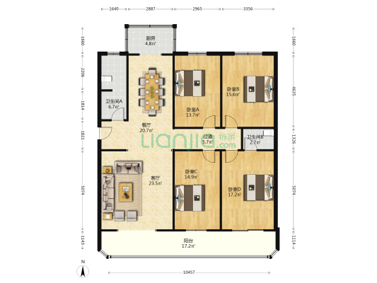 南北通透大三居简单装修 满五唯一 板楼集中供暖-户型图