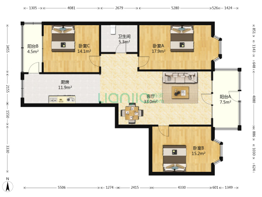 锦江绿色家园 3室1厅1卫 138平方