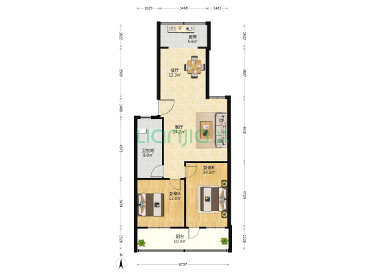 郎茂山路6-1号 2室2厅1卫 108平方