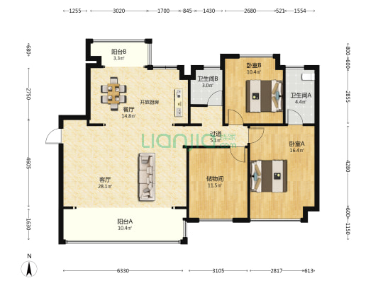 万辉星城·星辉丽苑 2室2厅2卫 129平方